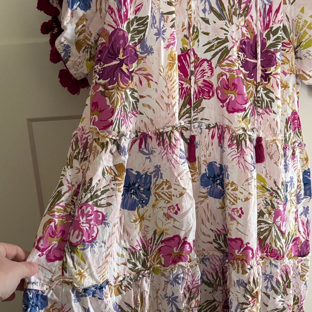 Matilda Jane Pink, Blue & Green Floral Cotton Tiered Dress with Pom Trim - Picture 3 of 4